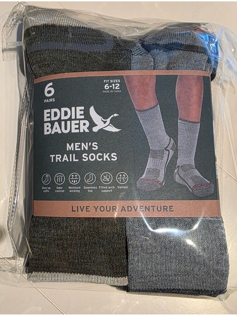 Eddie Bauer Men's Trail Socks 6 Pairs Size 6-12 Moisture Wicking Arch Support